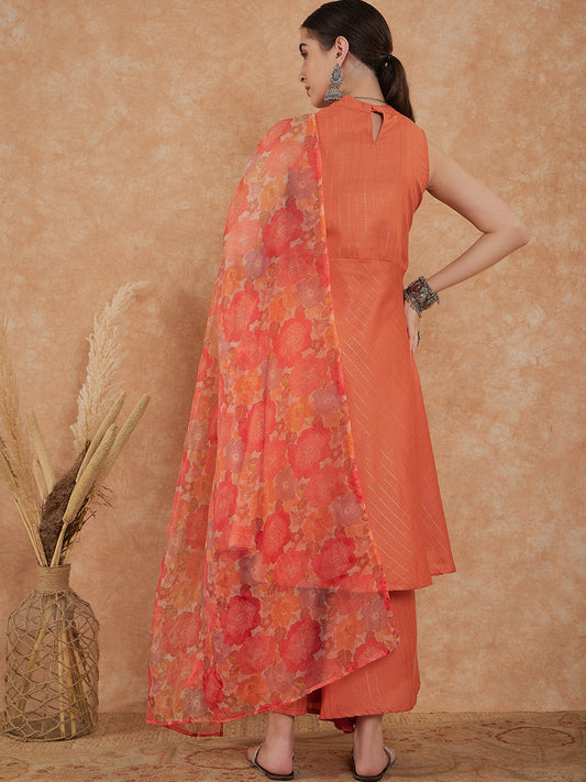 InWeave Women's Light Rust Lurex Kurta Set W Orange Big Or Dupatta - Swadesiicart