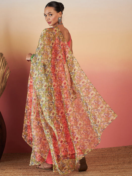InWeave Dark Peach Strappy W Olive Liberty Print Organza Dupatta Set - Swadesiicart
