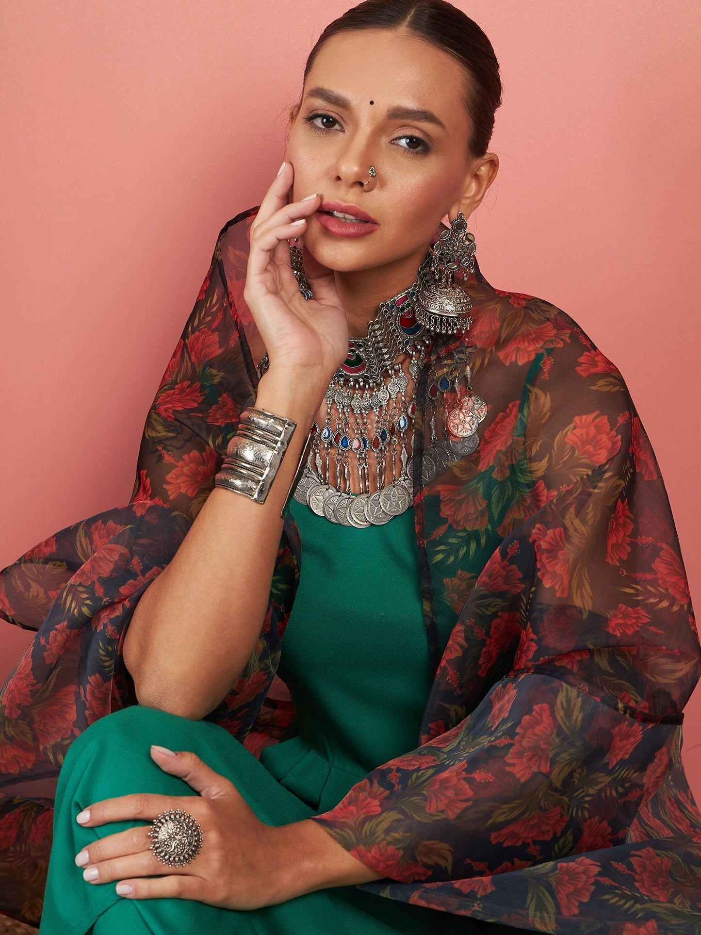 InWeave Emerald Green Strappy W Black Orange Floral Print Or Dupatta Set - Swadesiicart