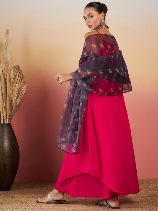 InWeave Fuchsia Strappy W Black Dark Floral Print Or Dupatta Set - Swadesiicart