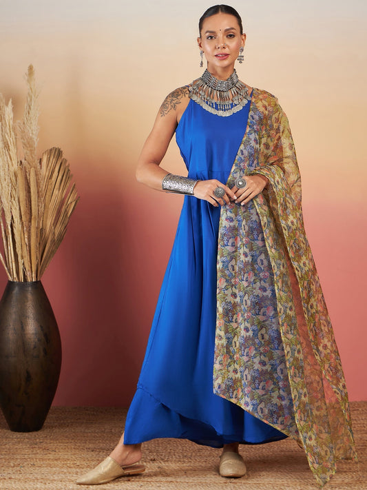 InWeave Ink Blue Strappy W Olive Liberty Print Organza Dupatta Set - Swadesiicart
