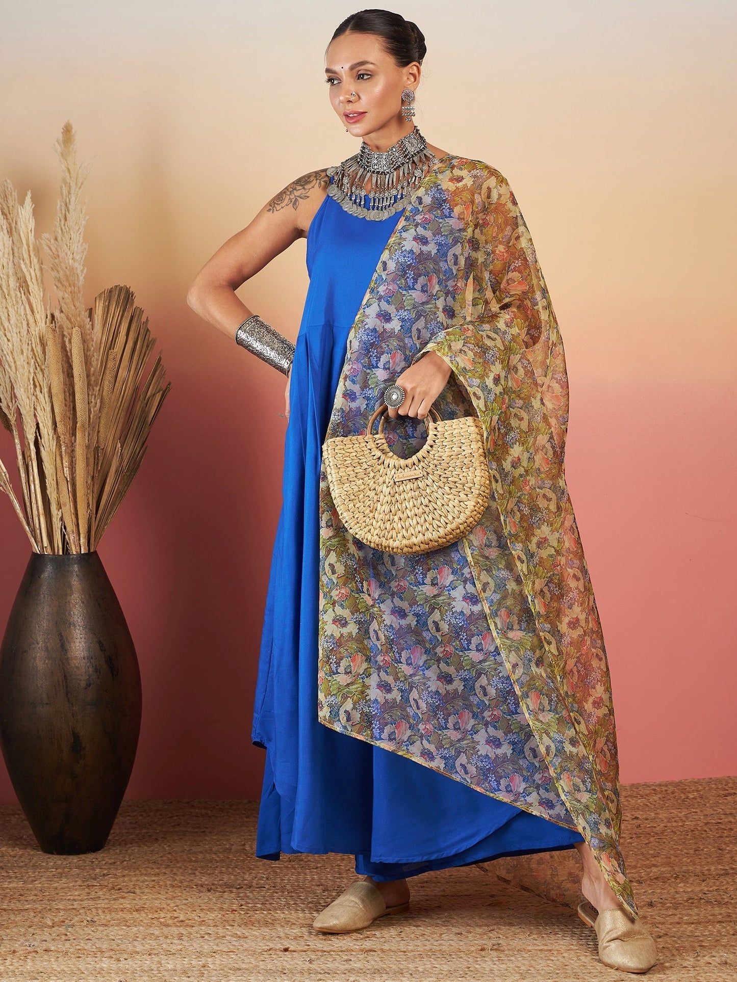 InWeave Ink Blue Strappy W Olive Liberty Print Organza Dupatta Set - Swadesiicart