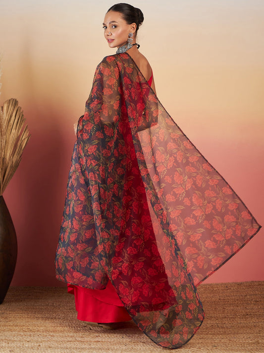 InWeave Red Strappy W Black Orange Floral Print Or Dupatta Set - Swadesiicart