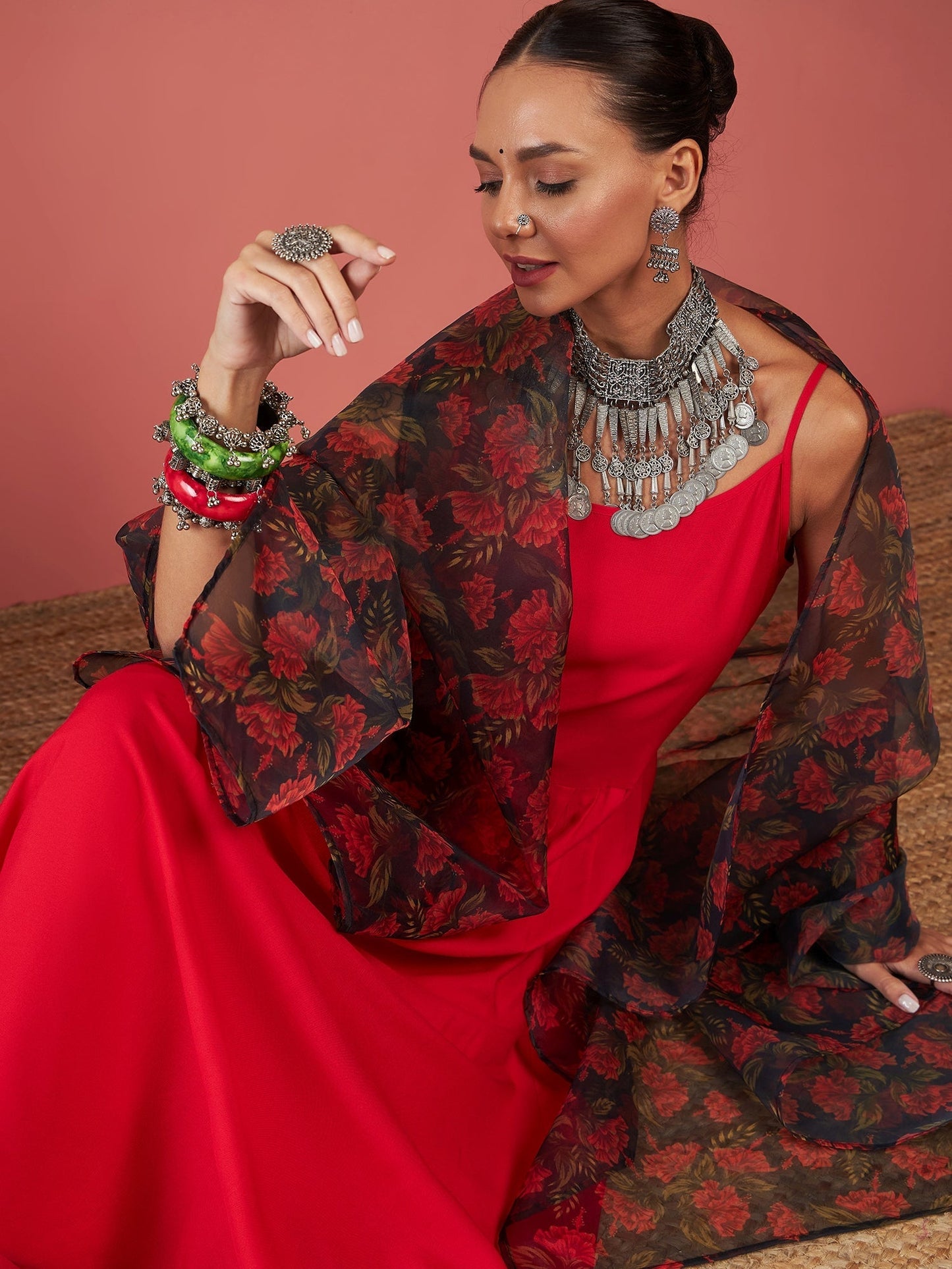 InWeave Red Strappy W Black Orange Floral Print Or Dupatta Set - Swadesiicart