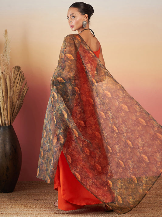 InWeave Orange Strappy W Dark Brown Leaf Print Or Dupatta Set - Swadesiicart