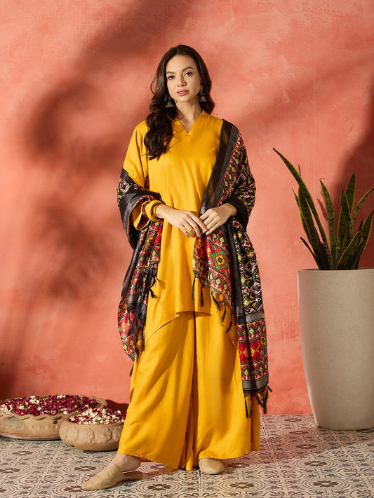 InWeave Mustard Mandarin Patola Kurta Set - Swadesiicart