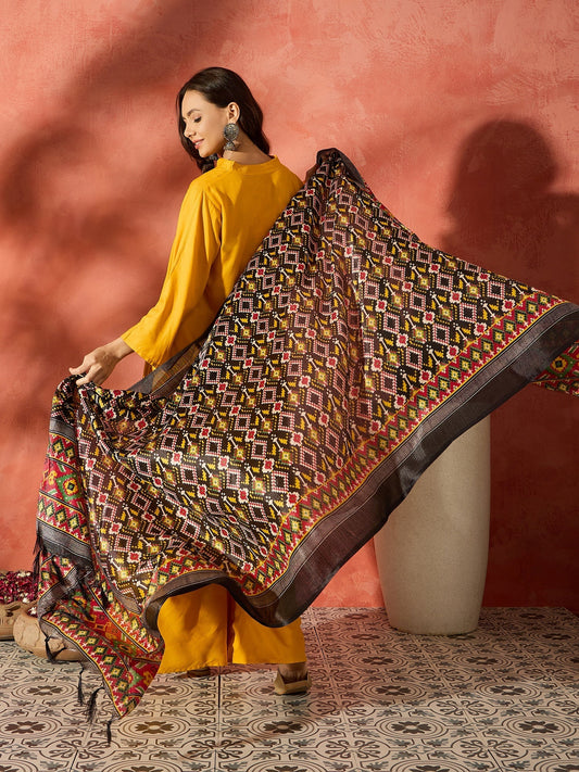 InWeave Mustard Mandarin Patola Kurta Set - Swadesiicart