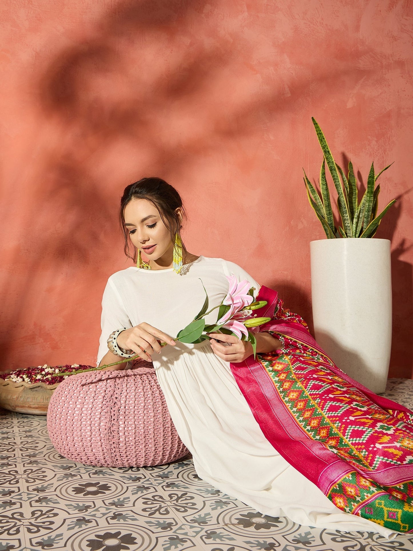 InWeave White Anarkali Patola Kurta Set - Swadesiicart