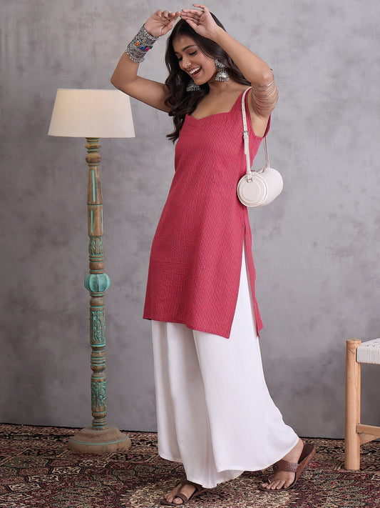 InWeave Maroon Kantha Cream Palazzo Set - Swadesiicart