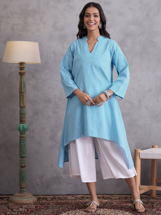 InWeave Cyan Blue Small Check Cream Palazzo Set - Swadesiicart