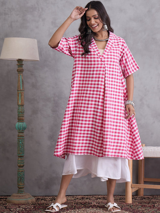 InWeave Pink Big Check Collar Palazzo Set - Swadesiicart