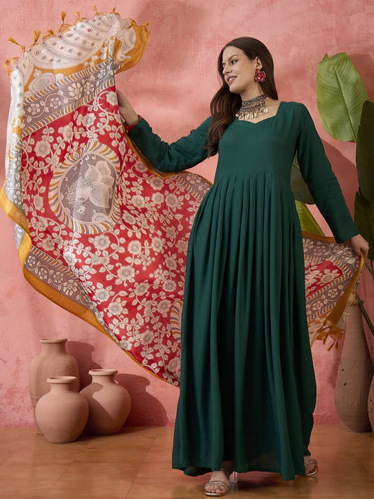 InWeave Green Sweetheart Kurta With Dupatta - Swadesiicart