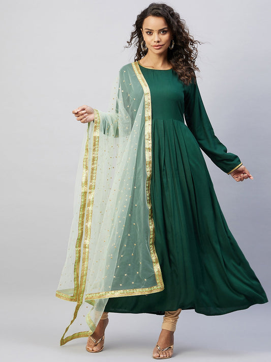 InWeave Women's Green Solid Long Kurta With Mint Green Net Dupatta - Swadesiicart