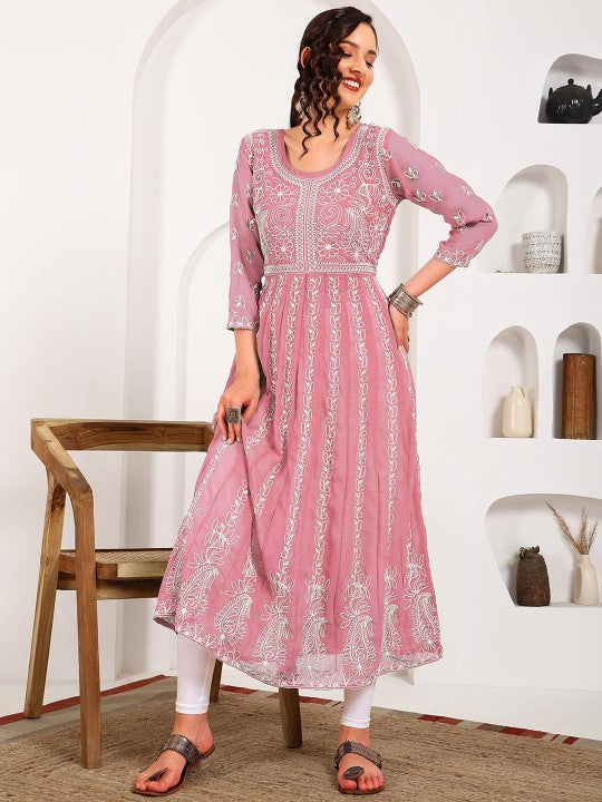 HERE&NOW Women Chikankari Embroidered Thread Work Georgette Anarkali Kurta | Swadesiicart