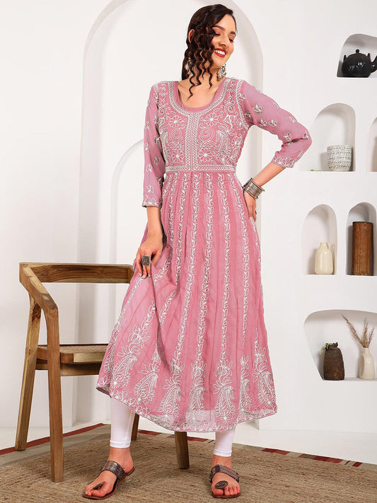 HERE&NOW Women Chikankari Embroidered Thread Work Georgette Anarkali Kurta | Swadesiicart