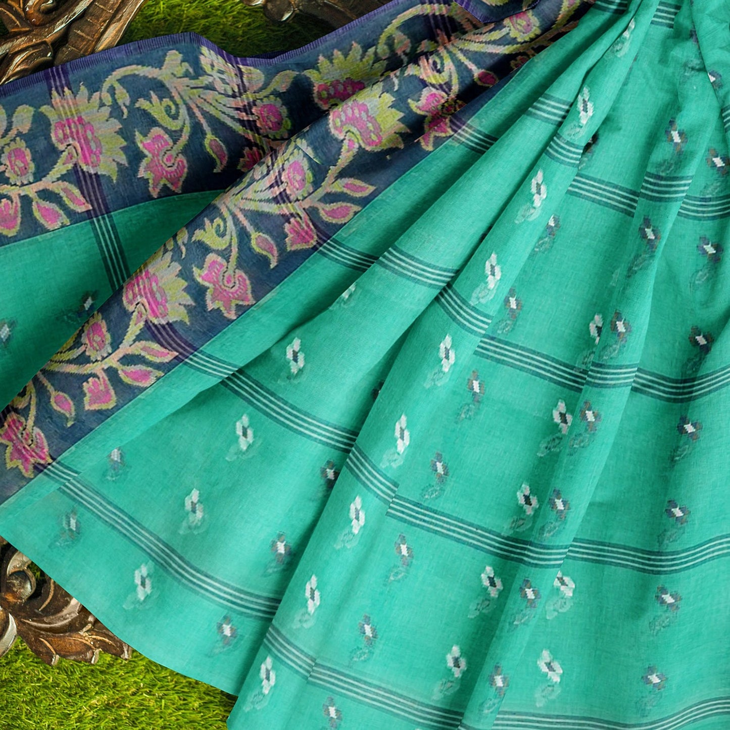 Exclusive Collection 100% Pure Cotton Green Tant Saree With Hand Weaving Work - Swadesiicart