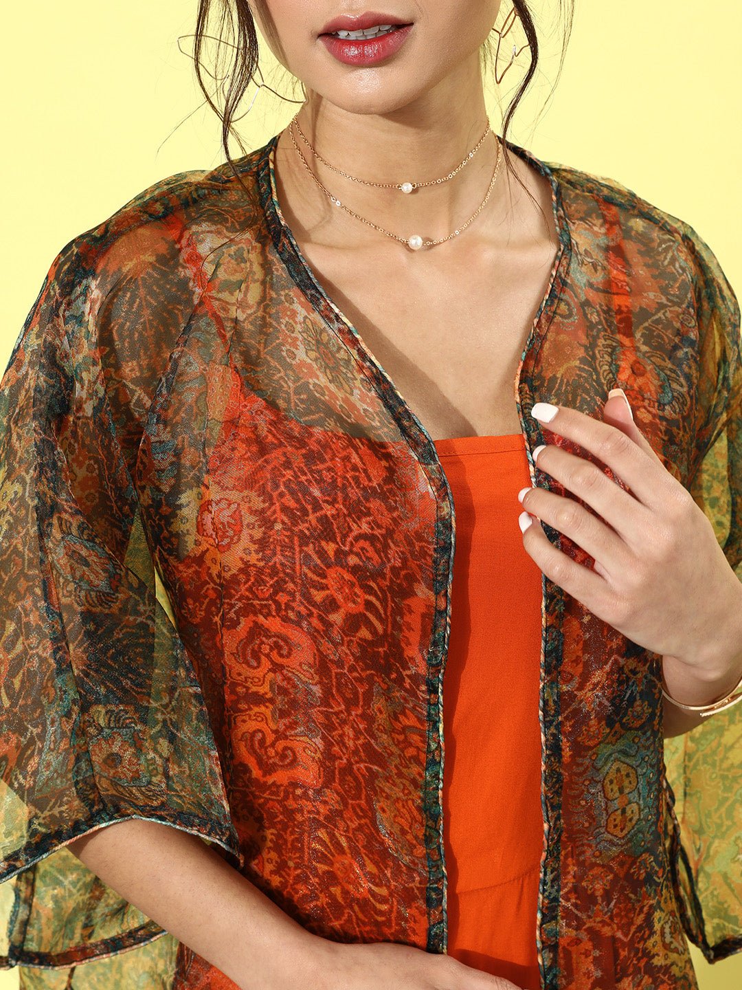 InWeave Orange - Multi Printed Organza Cape Set - Swadesiicart