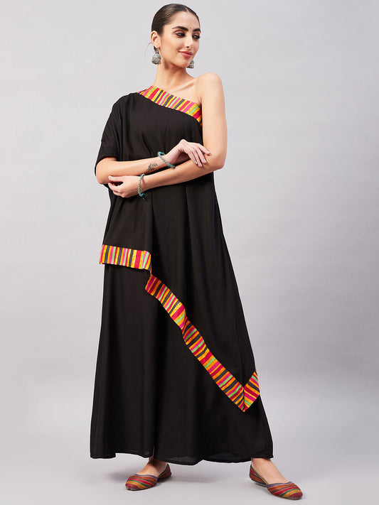 InWeave Women's Black Multi Striped One Shoulder Kurta Set - Swadesiicart