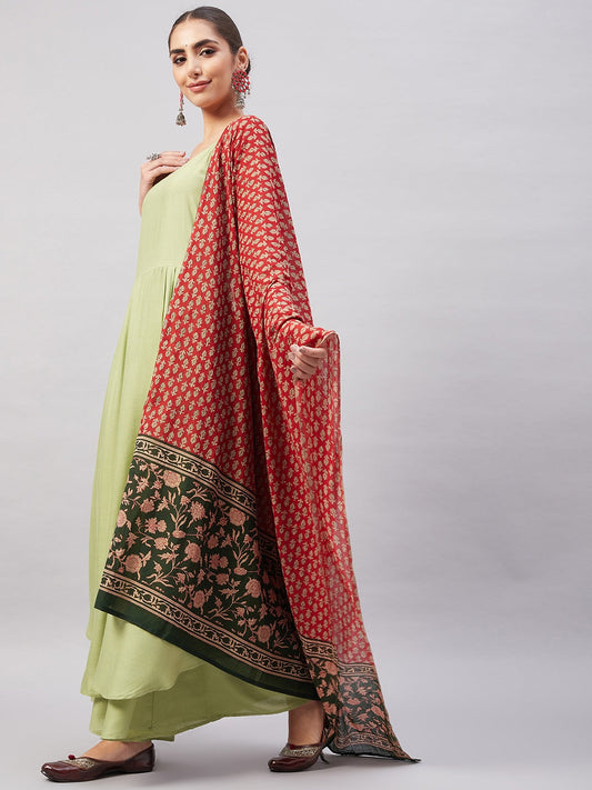 InWeave Women's Light Green R Strappy Set W Green Red Print Cotton Dupatta - Swadesiicart