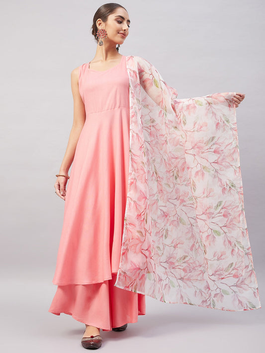 InWeave Women's Light Pink Sleeveless Kurta Set W White Peach Organza Dupatta - Swadesiicart