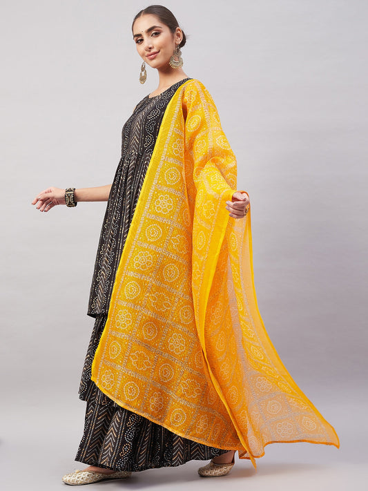 InWeave Women's Black Bandhani Teired Sharara Set W Mustard Kota Dupatta - Swadesiicart