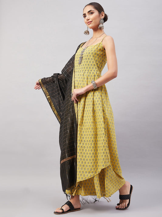 InWeave Women's Yelllow Floarl Print Strappy Set W Black Gold Check Dupatta - Swadesiicart