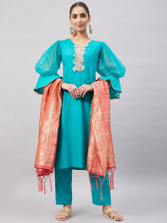 InWeave Women's Aqua Organza Sleeve Kurta Set With Peach Brocade Dupatta - Swadesiicart