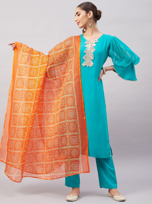 InWeave Women's Aqua Organza Sleeve Kurta Set With Orange Kota Dupatta - Swadesiicart