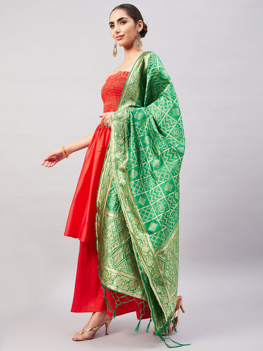 InWeave Women's Red Off Shoulder Kurta Set W Green Brocade Dupatta - Swadesiicart