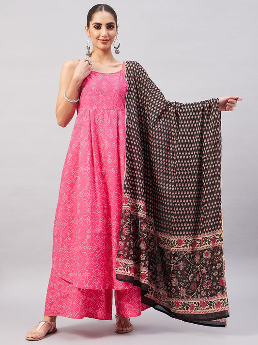 InWeave Women's Pink Bandhani Strappy Set W Black Pink Ethnic Dupatta - Swadesiicart