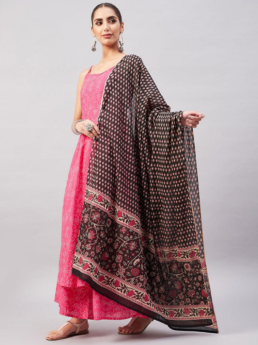 InWeave Women's Pink Bandhani Strappy Set W Black Pink Ethnic Dupatta - Swadesiicart