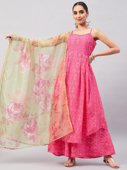 InWeave Women's Pink Bandhani Strappy Set W Golden Floral Organza Dupatta - Swadesiicart