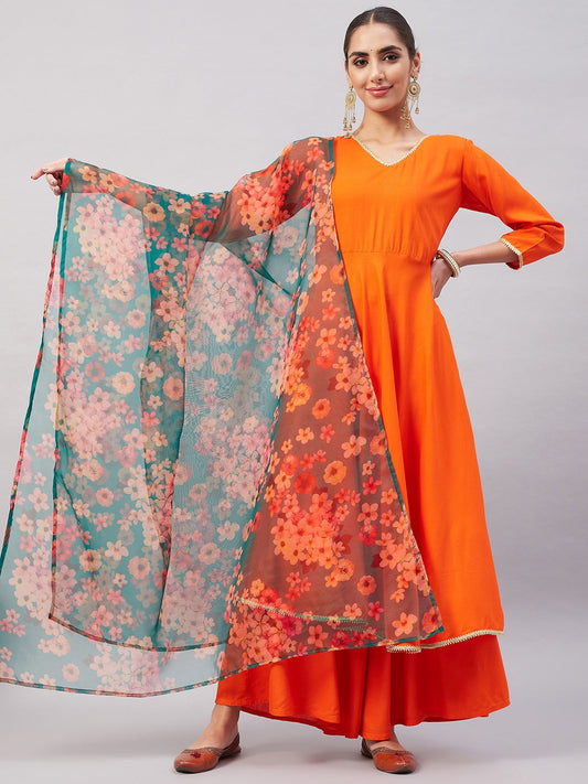 InWeave Women's Orange Gota Long Anrkali Kurta Set W Black Organza Dupatta - Swadesiicart