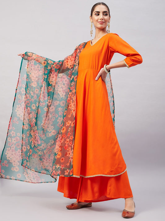 InWeave Women's Orange Gota Long Anrkali Kurta Set W Black Organza Dupatta - Swadesiicart