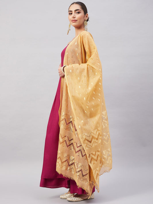 InWeave Women's Wine Solid Strappy Set With Gold Banarsi Zari Dupatta - Swadesiicart