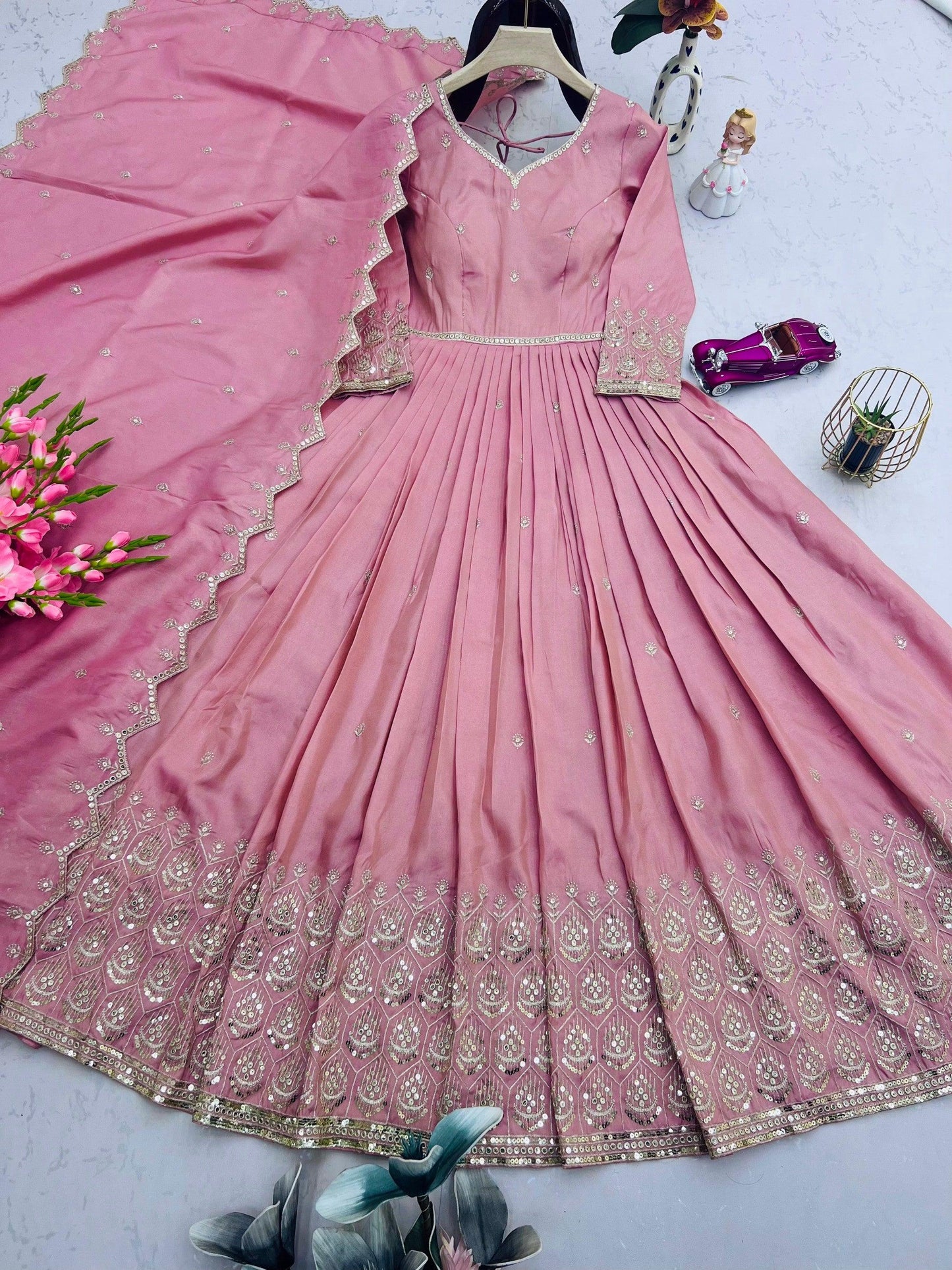 Lorenvalley Fashion Pink Shimmer Silk with Embroidery Sequins Work Anarkali Gown with Dupatta | Swadesiicart