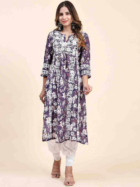 HOUSE OF KARI Floral Printed Chikankari Work Kurta | Swadesiicart
