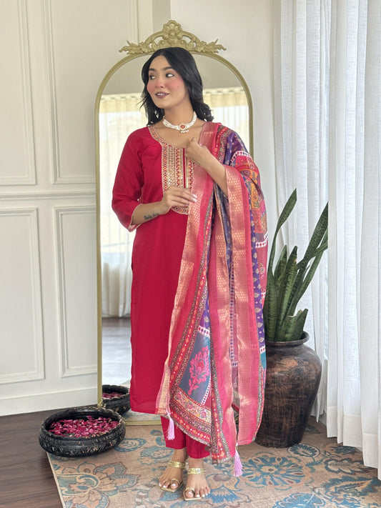 The52 Rani Gorgeous Embroidered Chanderi Silk Fabric Straight Kurta Pant with Dupatta Set - Swadesiicart