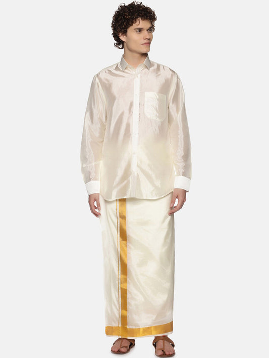 Sethukrishna Men Cream-Colored & Golden Solid Veshti | Swadesiicart