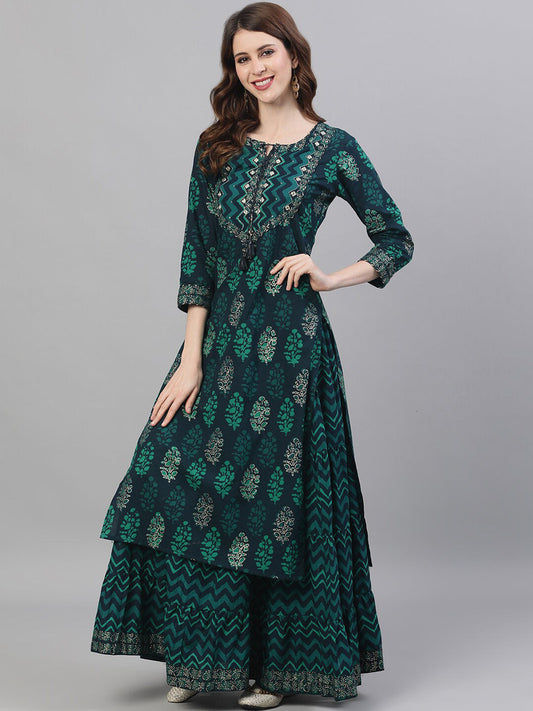 Ishin Women Navy Blue Printed Kurta with Skirt | Swadesiicart