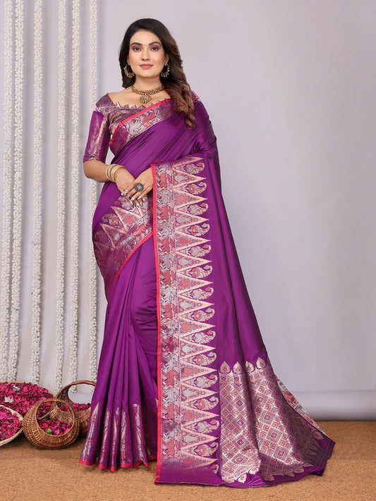 Joban Fashion Banarasi Purple Jacquard Woven Soft Silk Saree | Swadesiicart