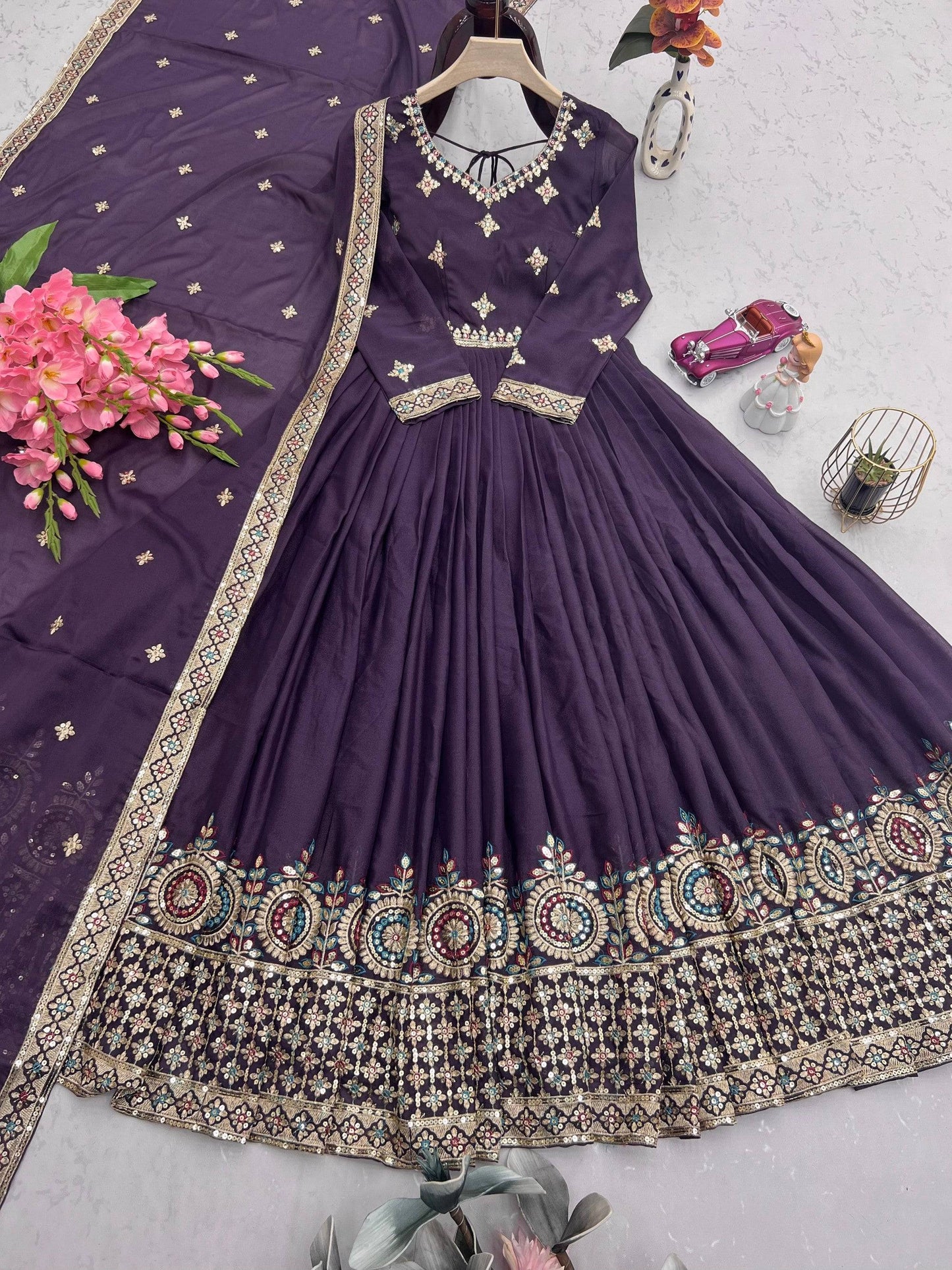 Lorenvalley Fashion Wine Diamond Silk with Embroidery Threads & Sequins Work Anarkali Gown with Dupatta | Swadesiicart