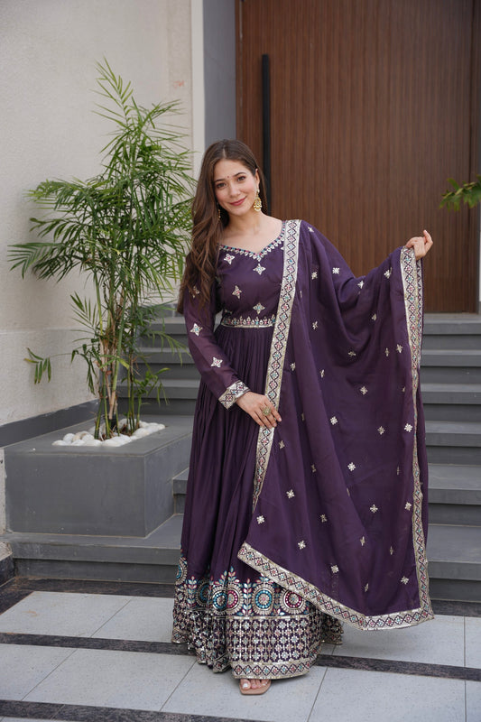 Lorenvalley Fashion Wine Diamond Silk with Embroidery Threads & Sequins Work Anarkali Gown with Dupatta