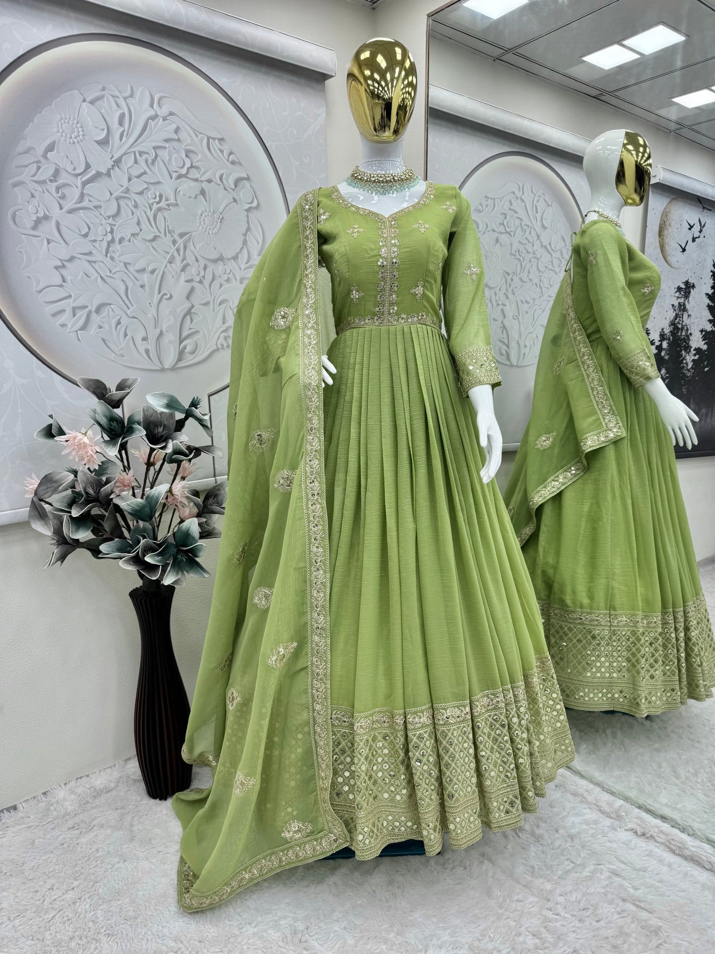 Lorenvalley Fashion Parrot Green Crunchy Silk with Embroidery Codding & Sequins Work Anarkali Gown with Dupatta | Swadesiicart