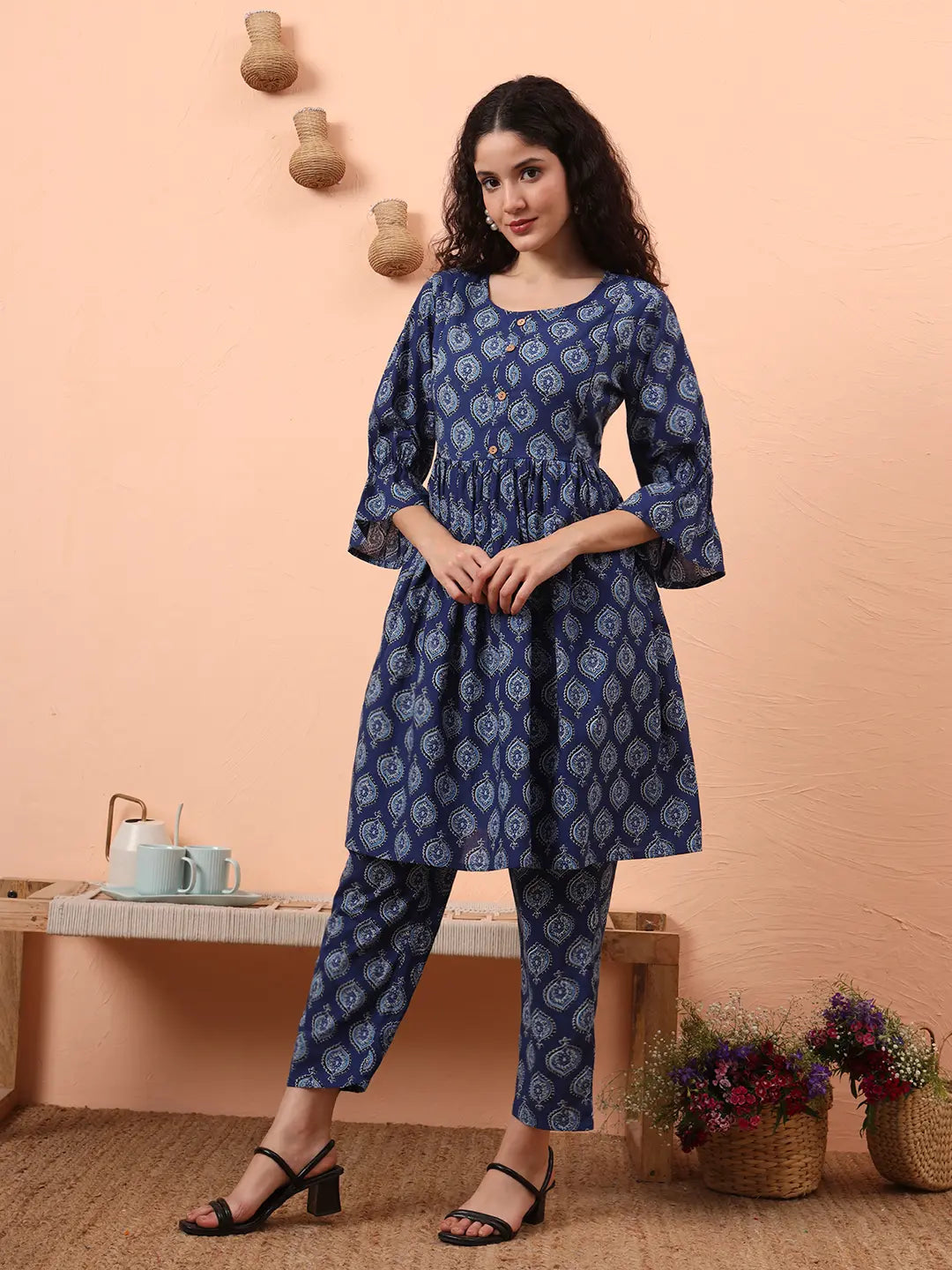 Yufta Blue Cotton Maternity A-Line Kurta Pant Set