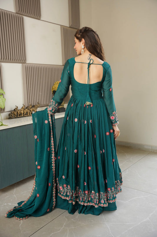 Lorenvalley Fashion Rama Noha Crush Silk with Embroidery Threads & Sequins Work Anarkali Sharara with Dupatta