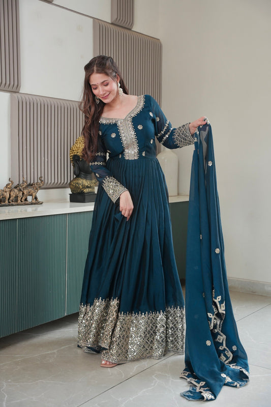 Lorenvalley Fashion Rama Noha Crush Silk with Embroidery Threads & Sequins Work Anarkali Gown with Dupatta