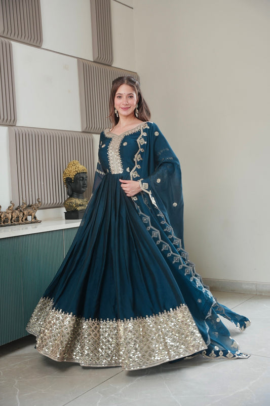 Lorenvalley Fashion Rama Noha Crush Silk with Embroidery Threads & Sequins Work Anarkali Gown with Dupatta