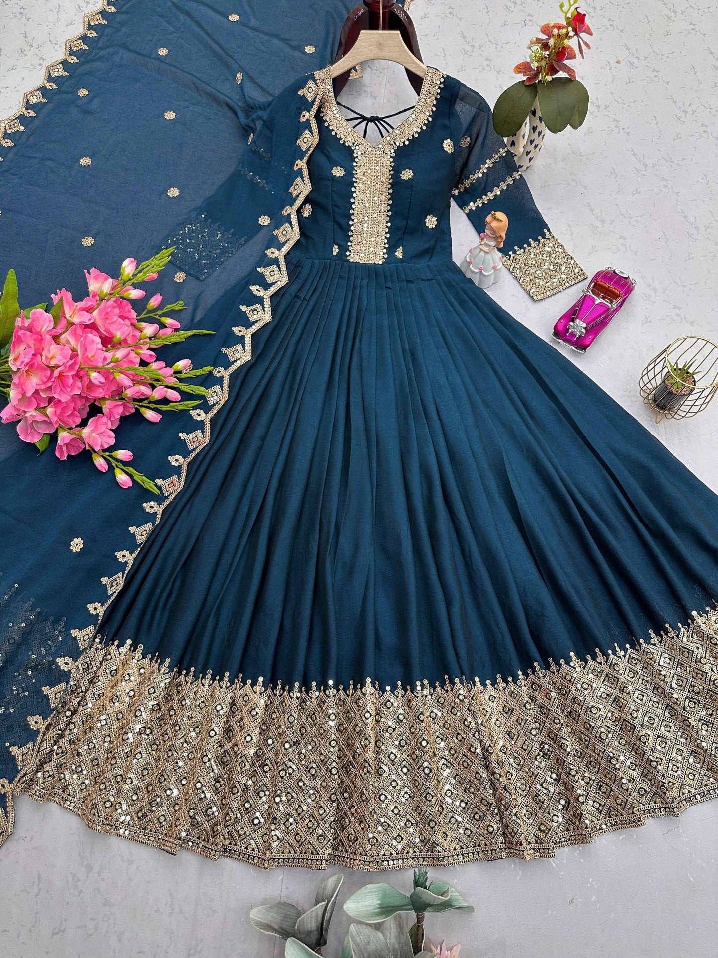 Lorenvalley Fashion Rama Noha Crush Silk with Embroidery Threads & Sequins Work Anarkali Gown with Dupatta | Swadesiicart