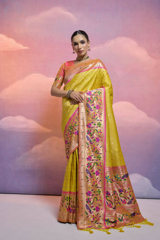 Vishnu Weaves Women's Yellow Paithani Silk Zari Woven Saree with Blouse - Swadesiicart